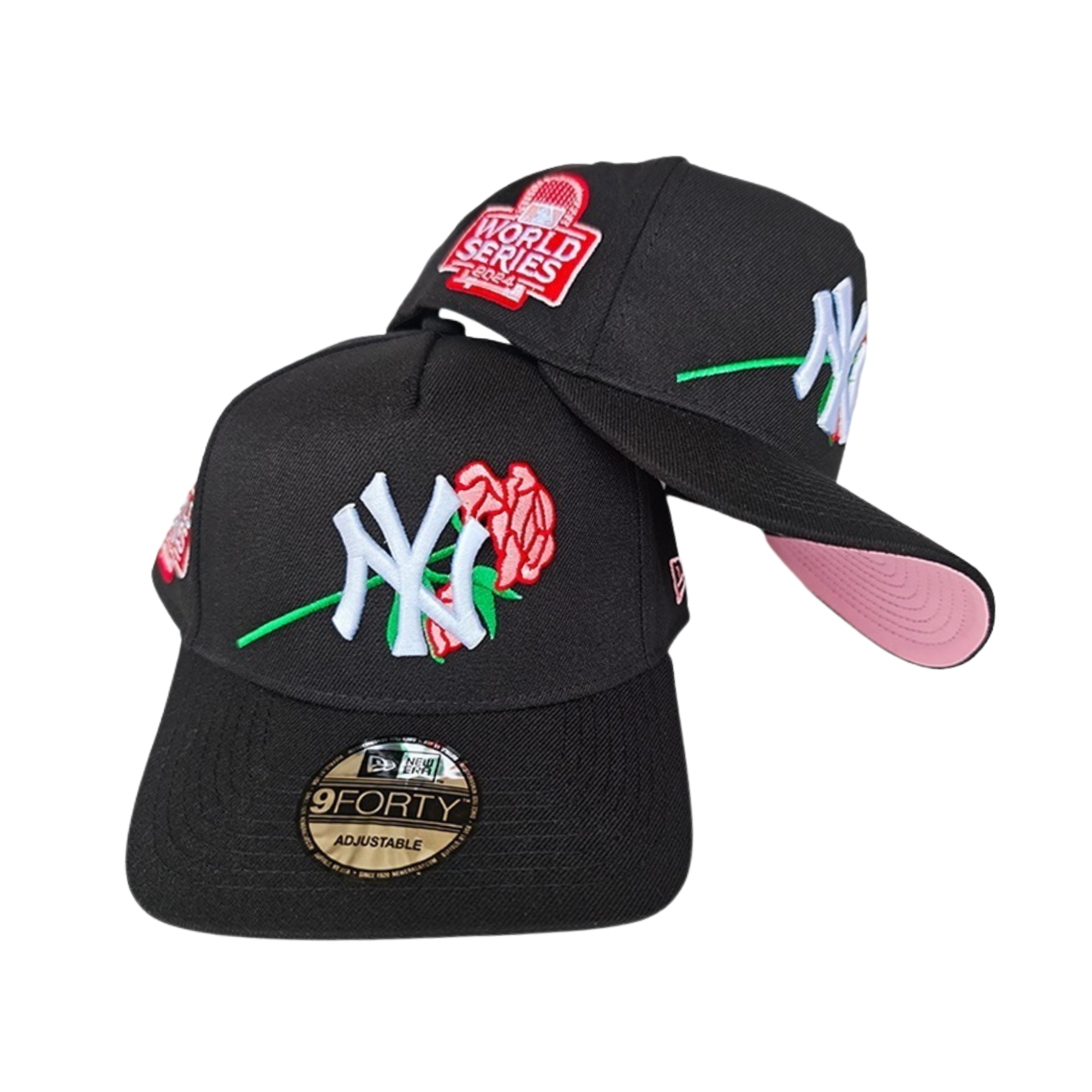 New Era 9FORTY Yankees Black Cap – Adjustable Hat with Rose Embroidery & 2024 World Series Patch