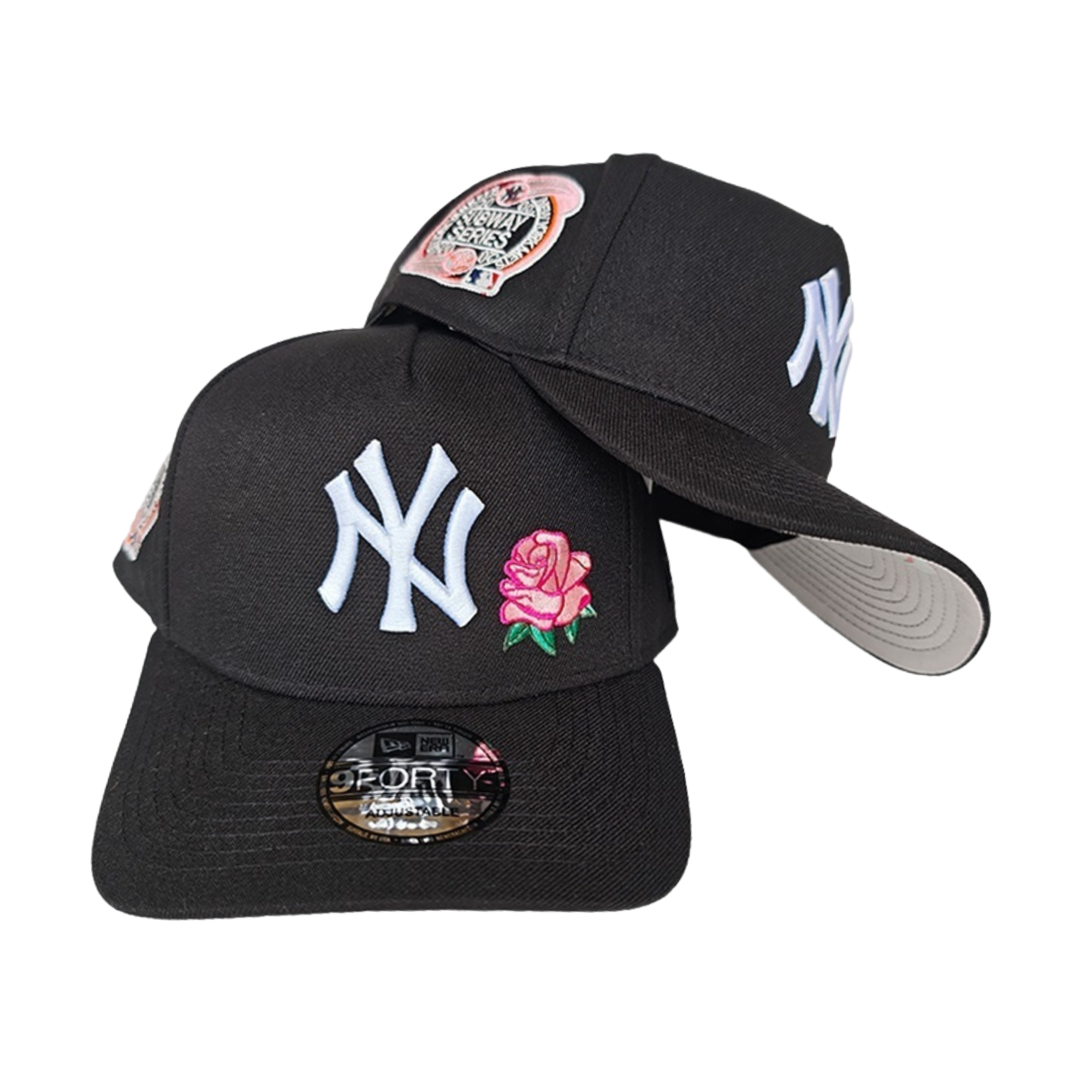 New Era Yankees 9FORTY A-Frame Cap Black – White Logo, Rose Detail, 2000 Subway Series Patch, Pink Undervisor